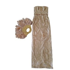 Gold Sequin Beaded Strapless‎ Maxi Gown Champagne Pearl Formal Dress Feather Fan